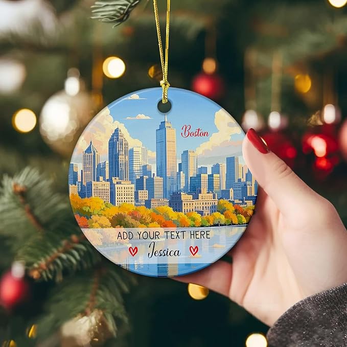 Personalized Massachusetts USA Travel Souvenir Ornament, Custom Text/Name Boston Skyline Ceramic Christmas Tree Ornament 2025, Boston Vacation Trip Xmas Keepsake Ornaments Gifts for Family Friends