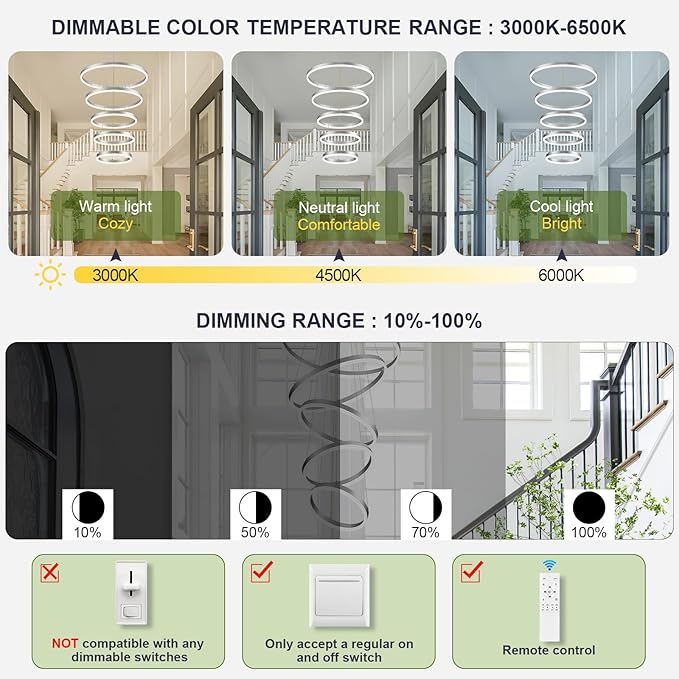 5-Rings Modern LED Chandelier Silver High Ceiling Chandelier with Remote Control Dimmable Pendant Lighting for Dining Room Foyer Living Room Entryway Staircase(3000K-6500K, D23.6’’)