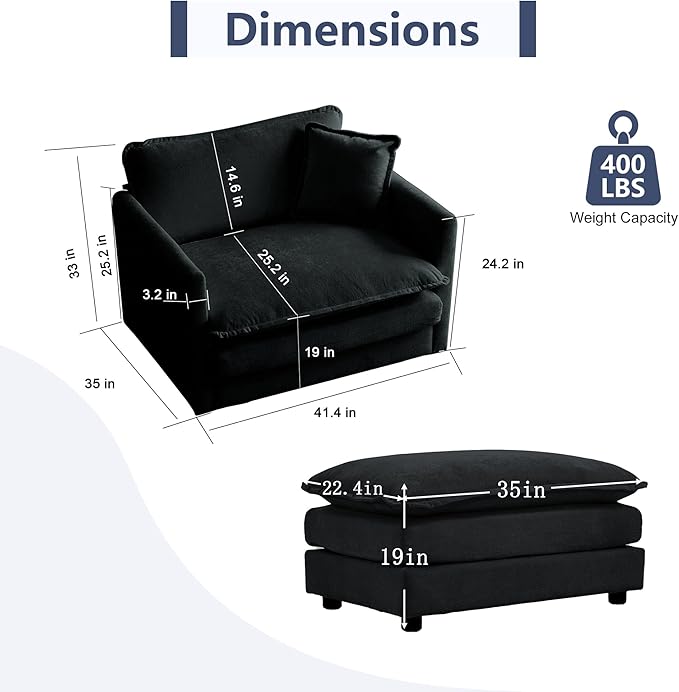 GNIXUU Oversized Accent Chair with Ottoman, Chenille Comfy Single Sofa, Modern Upholstered Lounge Reading Armchair Indoor Cloud Couch with Deep Seat & Pillow for Living Room Bedroom Apartment, Black