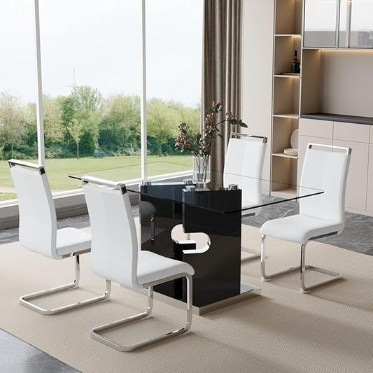 Glass Dining Table Set for 4,5 Piece Dining Table Set, Tempered Glass Table Top and Modern Design MDF Base with 4 PU Leather Ergonomic Dining Chairs