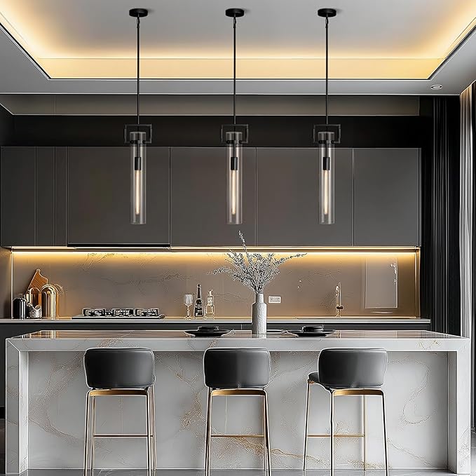 Modern Large Black Pendant Light Fixture Set of 3-21.6 Inch Adjustable Hanging Chandelier with Glass Shade & Brass Finish, Large Farmhouse Island Lighting for Kitchen, Dining Room, Bathroom