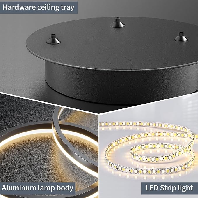 4-Ring Dimmable LED Chandelier for Dining Room, Circular Black Modern Pendant Lights, Adjustable Hanging Ceiling Lamp Fixture for Kitchen Island, Living Room, Foyer, Bedroom with Remote Control