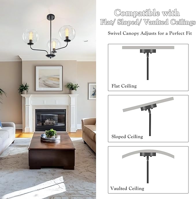 3-Light Modern Globe Cluster Pendant Lighting Chandelier with Clear Glass Spheres and Black Metal Frame