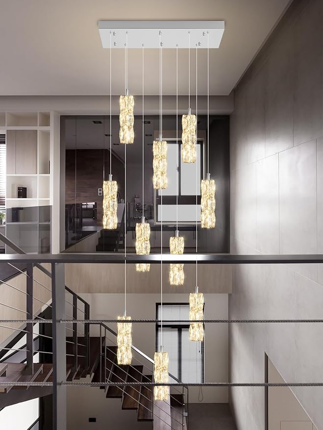 Modern Chandelier, Rectangular Crystal Chandelier Flush Mount Pendant Lighting Chrome Ceiling Light Fixture for Dining, Living Room, Kitchen Island, Bedroom