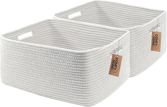 COMFY-HOMI 2 pcs Large Storage Baskets for Shelves, Laundry Basket, Woven Rope Basket, Closet Organizer Bins for Clothes Blanket Towels, Baby Nursery, Gift Toy Baskets, 17” x 13” x 7.5”-White