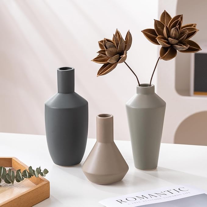 Ceramic Vase Set of 3, Modern Decorative Flower Rustic Farmhouse Decor Vase for Home Decor Bouquet Pampas Grass Dried Fresh Flowers, Living Room, Kitchen, Bedroom, Bathroom and Shelf