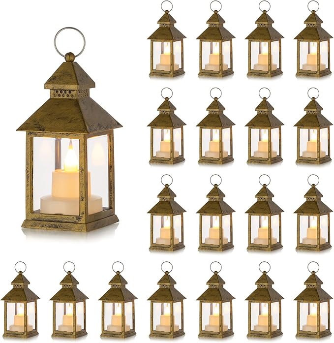 Romadedi Mini Lanterns Decorative for Wedding Centerpiece - 20 PCS Hanging Small Gold Lantern Bulk with Flickering LED Candles for Halloween Decorations Christmas Table Decor, Batteries Included