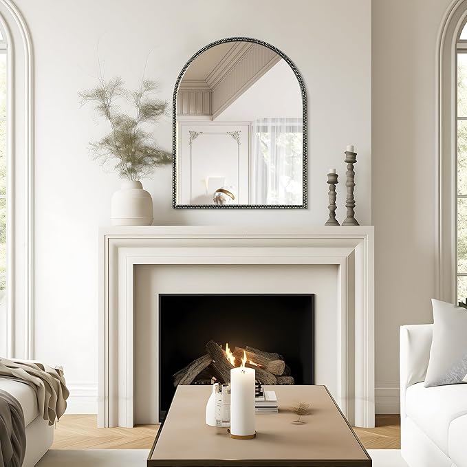 WallBeyond Black Vintage Mirror for Vanity 28x36 Inch, Gold Antique Mirror with Ornate Beaded Frame for Bathroom, Living Room, Fireplace, Entryway