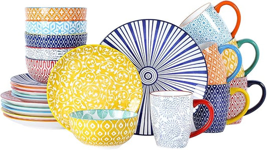 Selamica Ceramic Dinnerware Sets for 6, 24 Piece Plates and Bowls Sets, Scratch Resistant Dishes Set-Dishwasher & Microwave & Oven Safe, Assorted Colors A