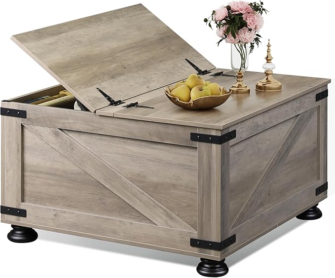 WLIVE Farmhouse Coffee Table, 31.5" Square Wood Center Table with Flip-Top Lids and Large Hidden Storage Compartment for Living Room, Bedroom, Grey Oak