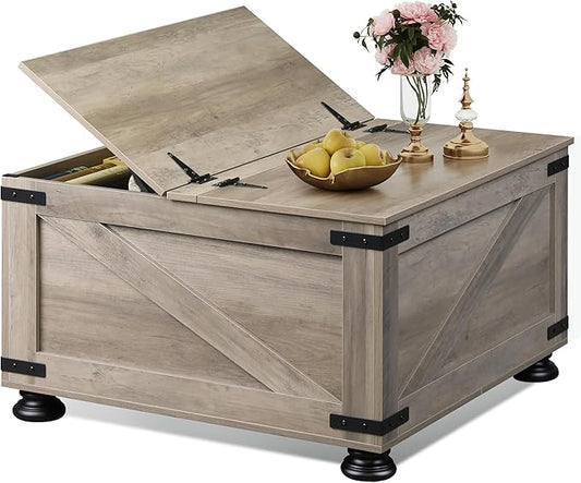 WLIVE Farmhouse Coffee Table, 31.5" Square Wood Center Table with Flip-Top Lids and Large Hidden Storage Compartment for Living Room, Bedroom, Grey Oak