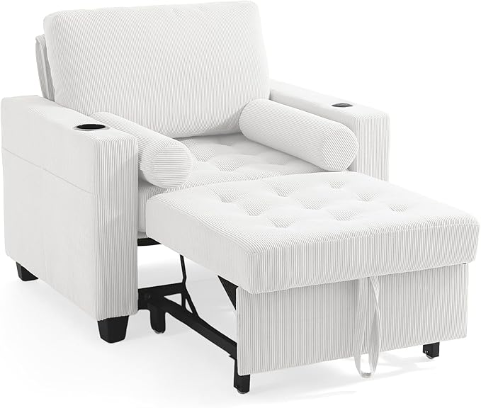 UIXE 3-in-1 Sleeper Chair Pull Out Sofa Bed, Convertible Reclining Seat Upholstered Armchair, Adjustable Backrest Recliner Chair with Side Pockets, Cup Holder & USB Ports - Beige White