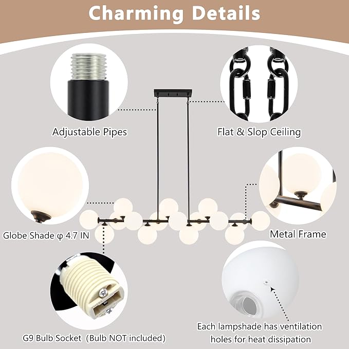 Linear Chandeliers for Dining Room, 55in Large Modern Globe Chandelier 16-Light Large Pendant Lights Kitchen Island Lighting with Milk White Glass Sputnik Chandelier Bubble Sputnik Light Fixture