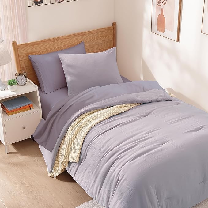 WRENSONGE Twin XL Comforter Set, 5 Pcs Soft Twin Size Comforter Sets- Lilac Twin Comforter, Fitted Sheet, Flat Sheet, 2 Pillow Shams, 2 Pillowcases, Warm Twin Bedding Sets All Season