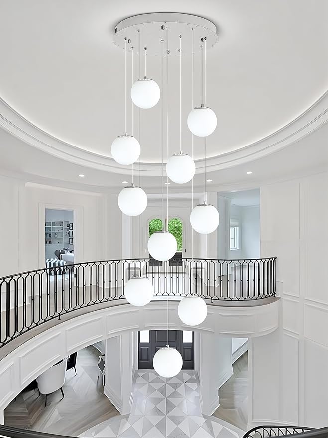 H118 Large Chandeliers for High Ceilings,12-Lights Mid Century Globe Chandelier Silver Modern Globe Pendant Light for Entryway Villas and Stairs