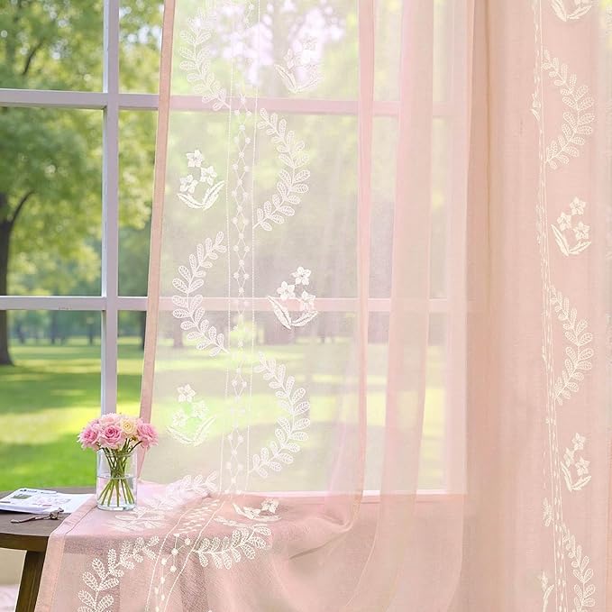 jinchan Belrose Winslow Pink Sheer Curtains 84 Inch for Bedroom Living Room Embroidered Bordered Floral Nursery Curtains for Girls Room Dorm Light Filtering Window Treatments, 2 Panels, W50 x L84