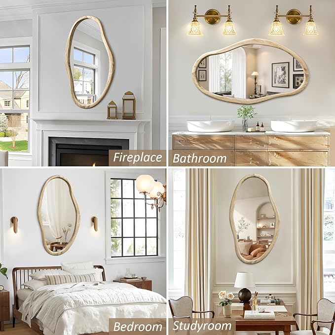 JJUUYOU Irregular Wood Mirror Asymmetrical Bathroom Wall Mounted Mirror 34"x22" Large Horizontal or Vertical Hanging Wall Mirrors for Makeup Bedroom Living Room Wood