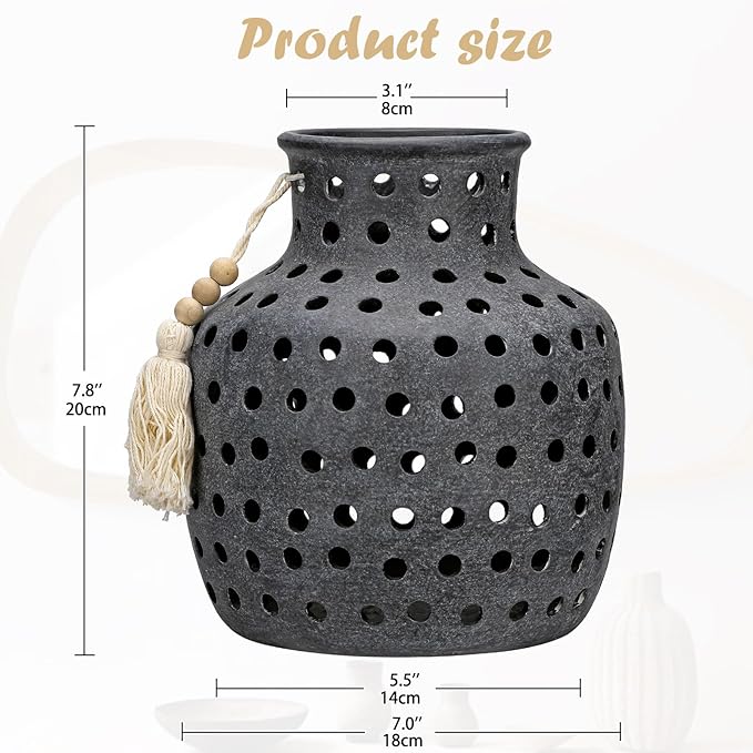 Ceramic Flower Vase Home Decor - 10 Inch Rustic Hollow Black Pottery Vase Modern Farmhouse Vintage for Centerpieces House Living Room Dining Table Shelf Mantel Decoration