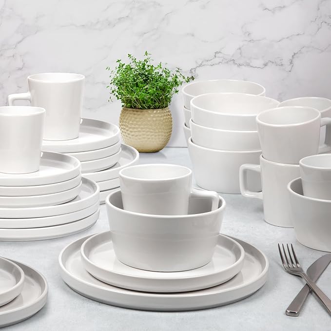 Zulay Kitchen Terra Stoneware 32-Piece Dinnerware Set, Artisanal Ceramic Plates and Bowls Set Crafted at 2300℉ - Service for 8, Frost White