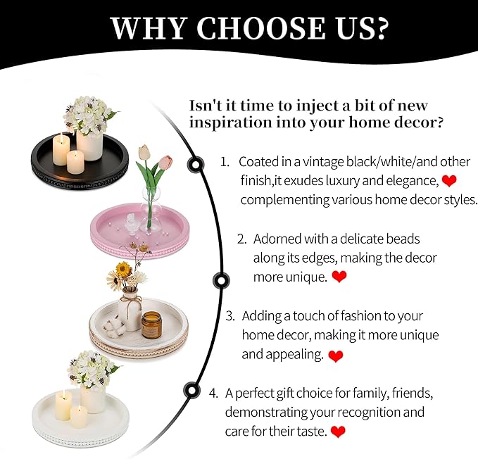 Hanobe Decorative Coffee Table Tray: Modern Farmhouse Beaded Round Tray Decor Rich Dark Brown Circle Wooden Ottoman Serving Platter for Centerpieces Kitchen Counter Bathroom