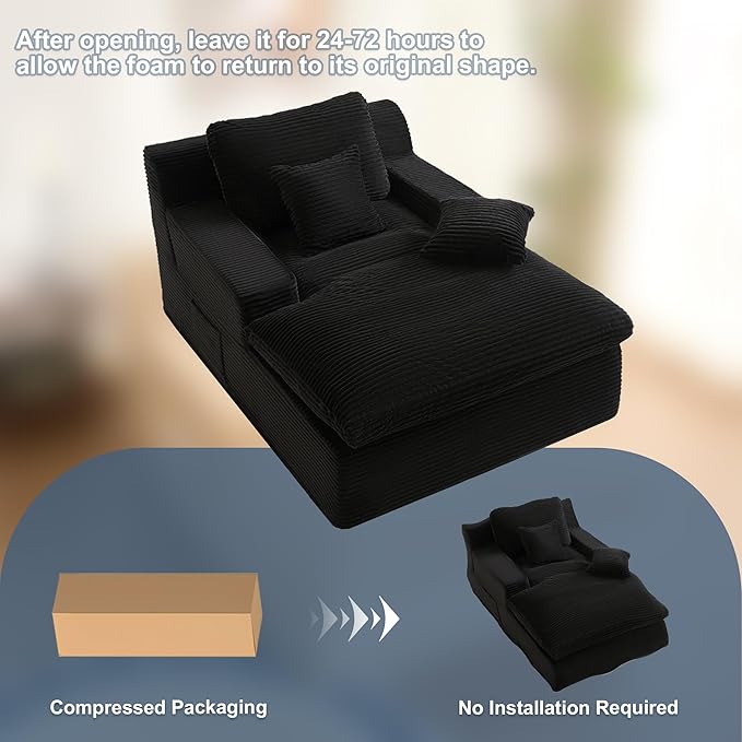 63" Oversized Chaise Lounge Chair Indoor, Extra Cloud Layer, Convertible Sleeper Sofa Couch with Removable Pillows & Side Pockets, Corduroy Upholstered Sofa Bed with Armrests for Living Room, Black