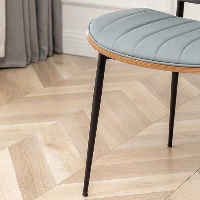 LUNLING Dining Chairs Set of 2,Mid Century Modern Retro Faux Leather Chair with Walnut Bentwood Upholstered Seat Metal Legs Adjustable Foot for Kitchen Dining Room Chairs(Blue)