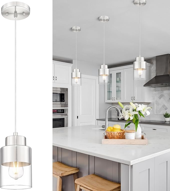 Pendant Lights Kitchen Island, Brushed Nickel Dual Shade Hanging Lights Fixtures with Metal and Clear Glass, Modern Kitchen Pendant Lighting Over Island for Dining Room, AD-24022-1P-SN