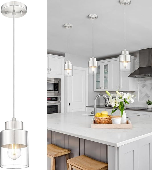 Pendant Lights Kitchen Island, Brushed Nickel Dual Shade Hanging Lights Fixtures with Metal and Clear Glass, Modern Kitchen Pendant Lighting Over Island for Dining Room, AD-24022-1P-SN