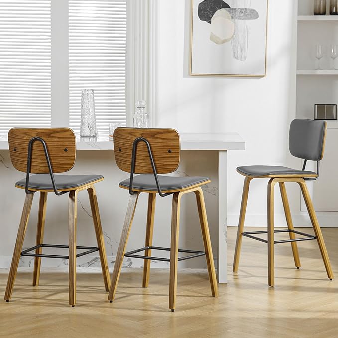 Counter Height Bar Stools Set of 3, PU Leather Upholstered Barstools with Backs, Bent Wood Legs, 26 Inch Seat Height, Mid Century Modern Counter Stools for Kitchen Island, Grey