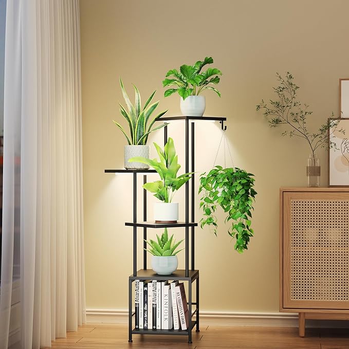 Plant Stand Indoor with Grow Light, 5-Tiered Tall Plant Stand Indoor, Metal Plant Shelf with Hanging Basket Hook and Adjustable Light, Ideal for Living Room, Garden, Patio (Black )