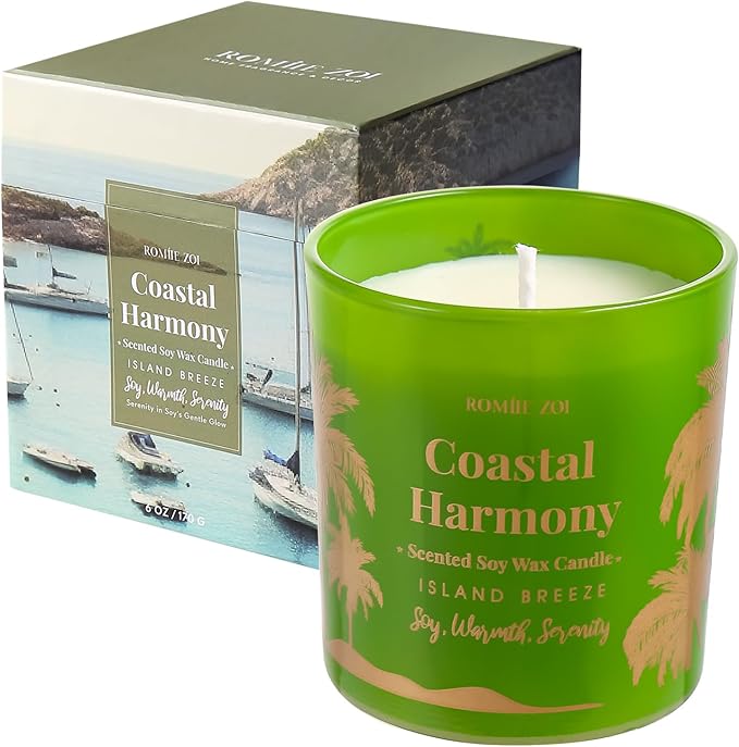 ROMIIE ZOI Island Breeze Scented Candle - Coastal Harmony - 6oz Soy Wax Candle for Home Scented, Stress Relief Candle Gifts for Women/Men