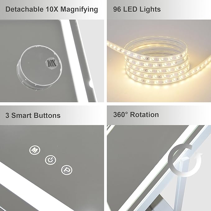 Hollywood Vanity Mirror with Lights, Lighted Makeup Mirror with Detachable 10X Magnification Mirror, 3 Colors, 360°Rotation Rechargeable Desk Makeup Mirror with Lights White