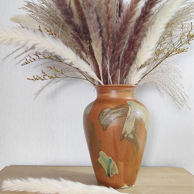 Terracotta Pottery - 8.8" Unique Decorative Vintage Vase, Green Glazed Earth Yellow Boho Neutral vase Home Decor, Wide Mouth Ceramic Farmhouse Flower Vases for Living Room, Kitchen Decor