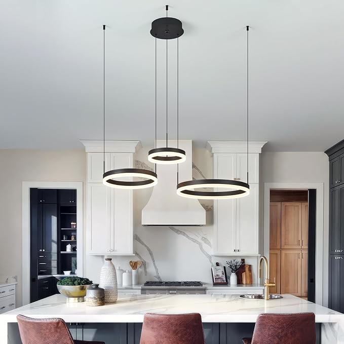 Modern Black Ring Chandelier LED Circle Geometric Pendant Light Dimmable 3 Rings Ceiling Light Fixtures High Ceiling Foyer Chandelier for Living Room Dining Room Bedroom