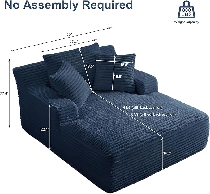 GNIXUU Oversized Chaise Lounge Chair Indoor, Comfy Fluffy Lounge Sofa Upholstered Sleeper Sofa Couch with Throw Pillows and Armrests, Corduroy Plush Cloud Chair for Living Room, Blue