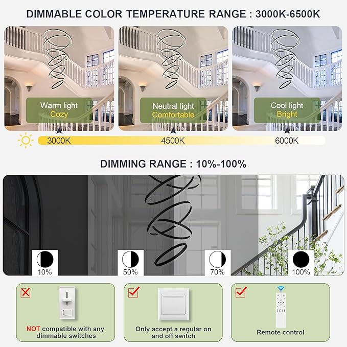 7 Rings Modern LED Chandelier Black Dimmable Large Foyer Chandeliers Entryway High Ceiling for Staircase, High Ceiling Pendant Lights for Entryway Living Room, 3000K-6500K CCT