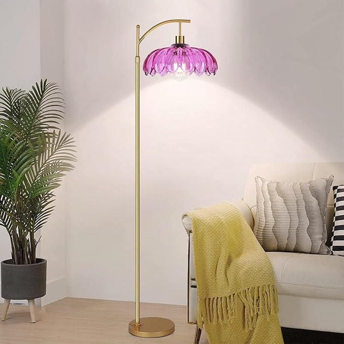 Floor Lamp for Living Room,Bedroom,Gold Dimmable Standing Lamp with Remote,Mid Century Modern Brass Tall Lamp Retro Vintage Purple Glass Lamp Floor Light Boho Bohemian