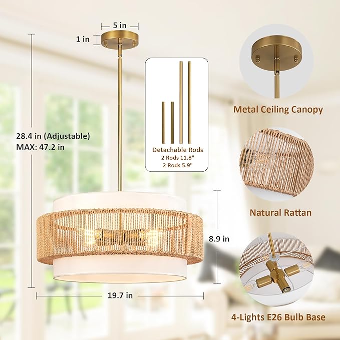 Boho Rattan Chandelier, 19.7" Large Boho Pendant Light with Fabric Lampshade, 4-Light Rattan Light Fixture Ceiling Hanging for Dining Room, Living Room, Bedroom, Kitchen Island, Hallway, Foyer