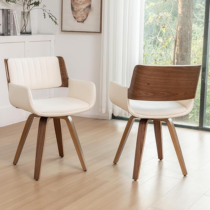 LUNLING Swivel Accent Faux Leather Dining Chairs Set of 2, Mid Century Modern Chairs with Wooden Legs/Armrest/Upholstered Seat/Adjustable Foots for Kitchen Dining Room Desk Chairs,Beige