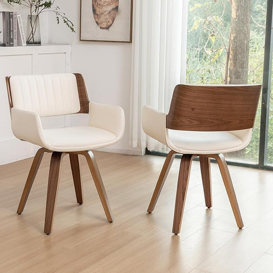 LUNLING Swivel Accent Faux Leather Dining Chairs Set of 2, Mid Century Modern Chairs with Wooden Legs/Armrest/Upholstered Seat/Adjustable Foots for Kitchen Dining Room Desk Chairs,Beige
