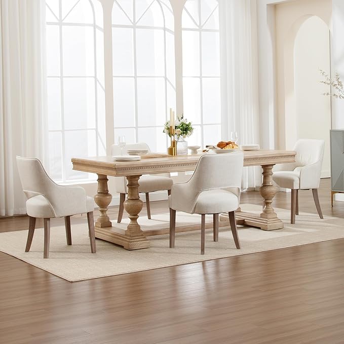 Linen Dining Chairs Set of 6, Upholstered Farmhouse Kitchen Chair Accent Chairs Side Chair with Wood Legs for Living Room/Dining Room/Bedroom/Restaurant, Upgraded Size, Cream