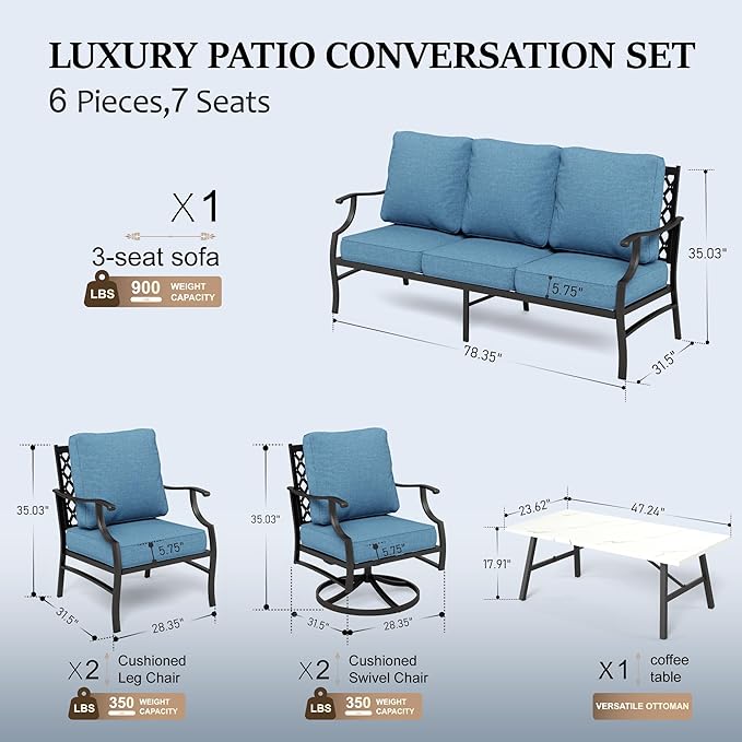 HERA'S HOUSE 6 Piece Patio Furniture Set, 2 x Swivel Chair, 2 x Fixed Chair, 1 x 3-Seat Sofa with Marbling Coffee Table, All Weather Outdoor Conversation Set for Lawn Garden Backyard, Navy Blue