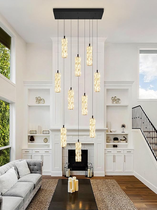 10-Light Modern LED Pendant Lighting Fixture for Kitchen Island Raindrop Crystal Chandelier Black Chandelier for Dining Room High Ceiling Chandelier for Staircase Foyer Hallway Villa