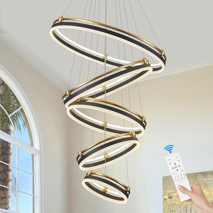5-Rings Modern LED Chandelier Black Gold Dimmable Large High Ceiling Chandeliers Foyer, Remote Pendant Lighting for Foyer Entryway Dining Room Living Room Staircase(10-Ring Lighting, D29.5)