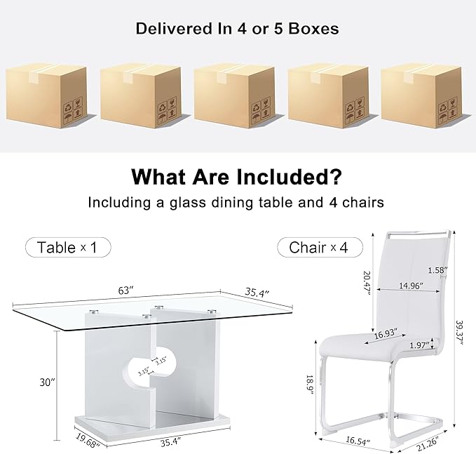 Glass Dining Table Set of 4, 63" Dinner Room Glass Table Set for 4, Modern Kitchen Dinner Table Set with 4 Upholstered Faux Leather Dining Chairs for Living Dining Office Room
