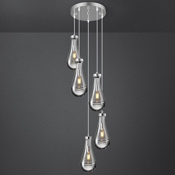 Raindrop Pendant Lights Kitchen Island Teardrop Chrome Hanging Light Fixtures Clear Solid Glass Pendant Light Modern Chandeliers for Dining Room Porch Corridor Living Room(5-Light)