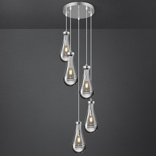 Raindrop Pendant Lights Kitchen Island Teardrop Chrome Hanging Light Fixtures Clear Solid Glass Pendant Light Modern Chandeliers for Dining Room Porch Corridor Living Room(5-Light)