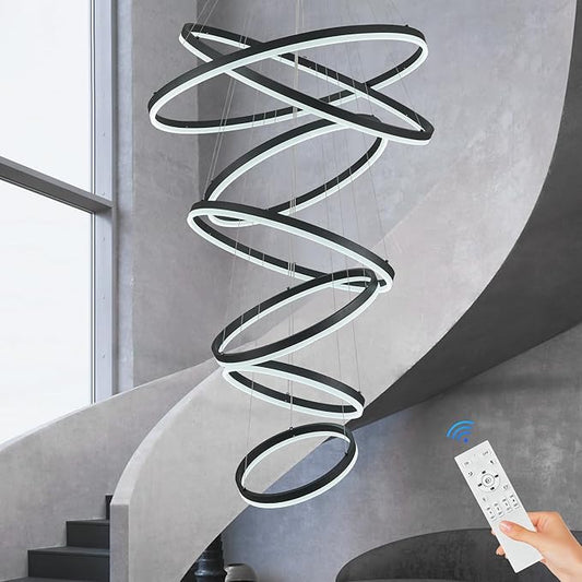 7-Rings D31.5’’ Modern LED Chandelier Black Dimmable High Ceiling Chandeliers Foyer with Remote Control for Staircase Entryway Dining Room Living Room, 3000K-6500K