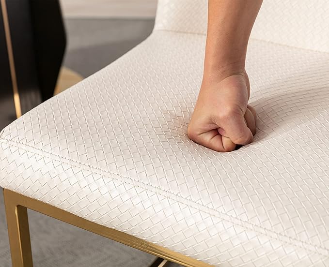 VESCASA Woven Faux Leather Upholstered Dining Chairs with Back, Mid Century Modern Chairs with Gold Metal Frame for Dining Room, Restaurant, Kitchen, Set of 4, Beige