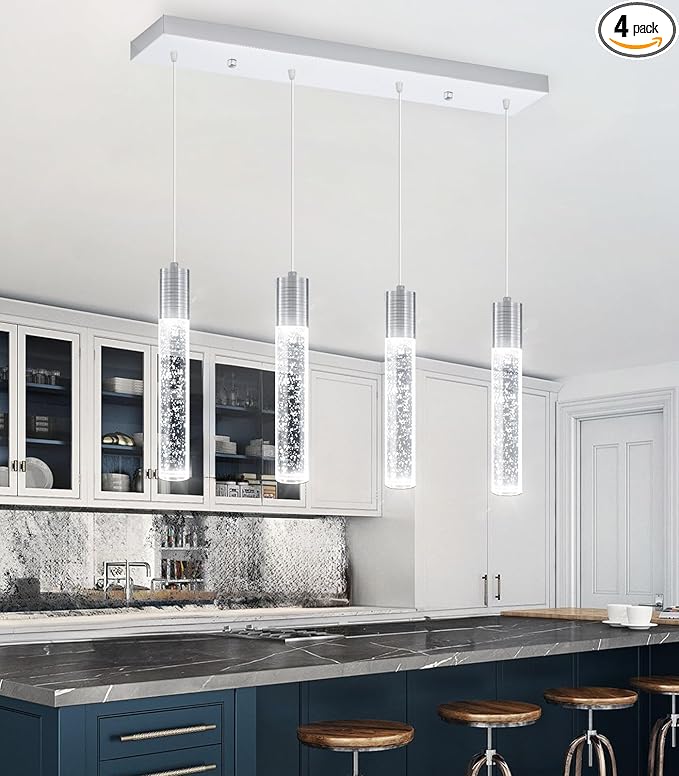 4-Lights Mini Crystal Pendant Light for Kitchen Island, Modern Led Crystal Chandelier for Dining Room Living Room 6000K